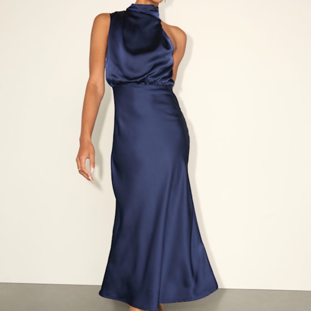 Lulus Distinctive Charm Navy Satin Asymmetrical Midi Dress Blue - Size L